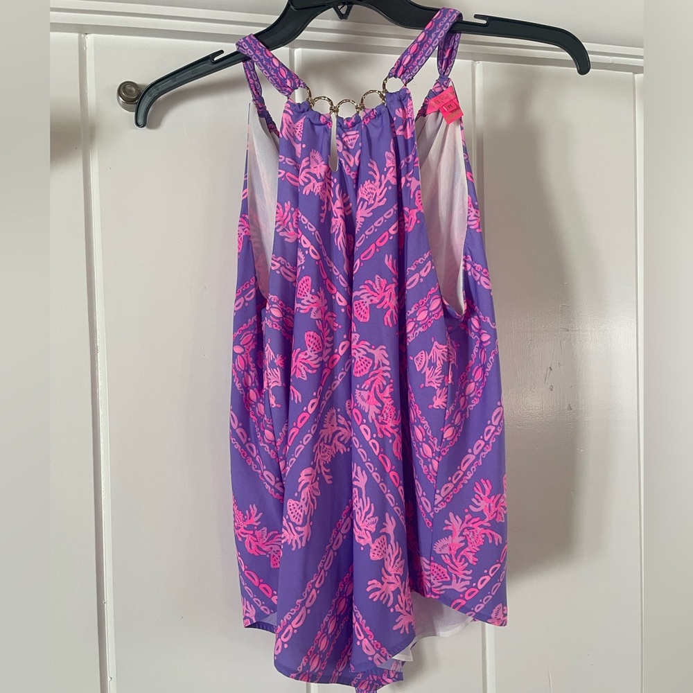 Lilly Pulitzer Purple and Pink halter top with chain neck and tie back details